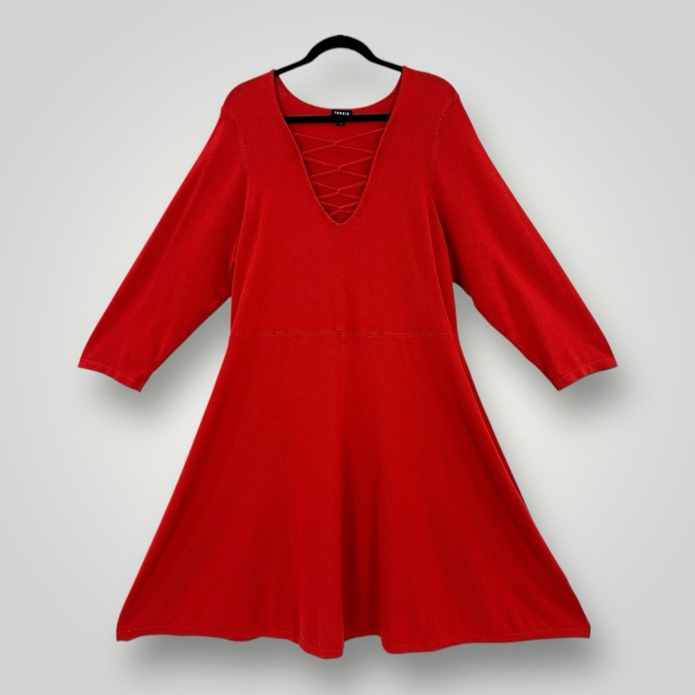 Torrid Criss Cross Neckline Red Skater Knit Sweater Dress Womans 3 3X Stretch
